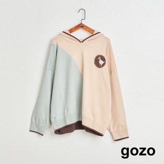 【gozo】➤老天鵝拼色連帽毛衣(卡其/深綠_F) | 女裝 圓領 休閒 針織毛衣 連帽上衣 春裝