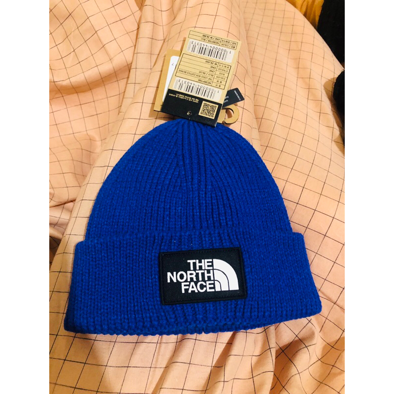 The North Face北臉男女款寶藍色LOGO布標保暖針織毛帽
