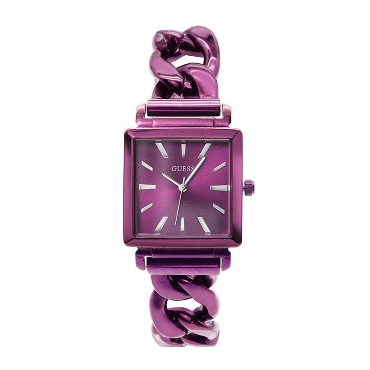 GUESS原廠平輸手錶 | 方形造型女錶 - 紫色x鏈式不鏽鋼錶帶 W1029L4