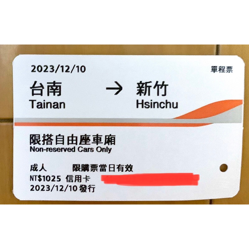 2023高鐵車票12月票根或電子乘車證明 台南到新竹