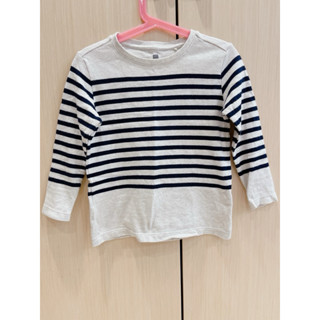 二手Uniqlo女童男童兒童幼童條紋棉質米底深藍條紋長袖上衣110