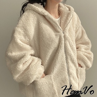 【HanVo】仿羊羔絨毛保暖連帽外套 暖呼呼加厚寬鬆外套 韓國女裝 女生衣著 4005