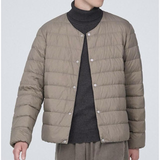 寒流必備全新專櫃真品MUJI 無印良品時尚男士輕量羽絨抗靜電內裡可攜帶式灰棕色無領防寒保暖羽絨外套/XL號市價1590