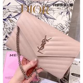 二手旗艦 YSL WOC 粉色 銀色LOGO 魚子醬 山形紋 銀鏈 小鍊包 兩用包 (中友店)