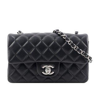 CHANEL 銀色CC Logo 菱格紋小羊皮迷你翻蓋包/MINI(黑色) A69900 Y01480 94305