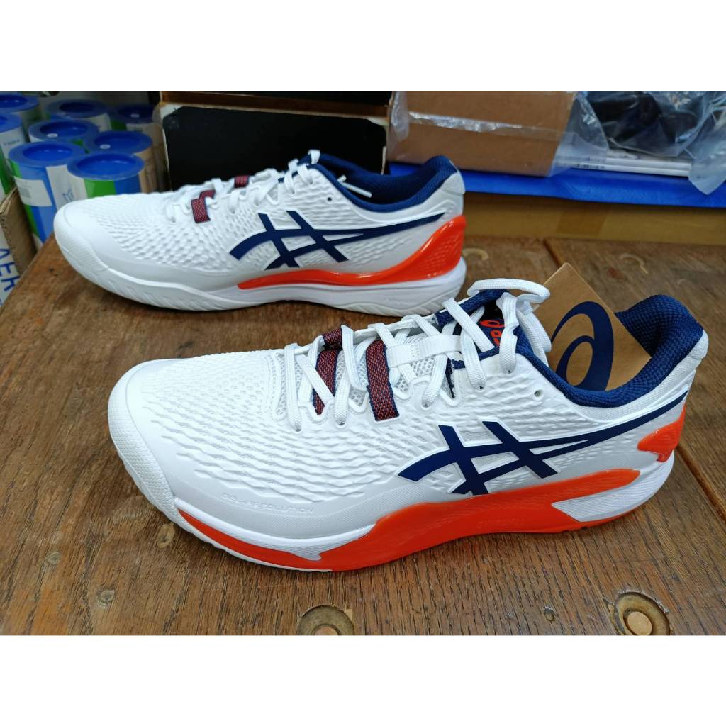 總統網球(自取可刷國旅卡) 亞瑟士 Asics GEL-RESOLUTION 9 寬楦 白藍橘 配色 網球鞋