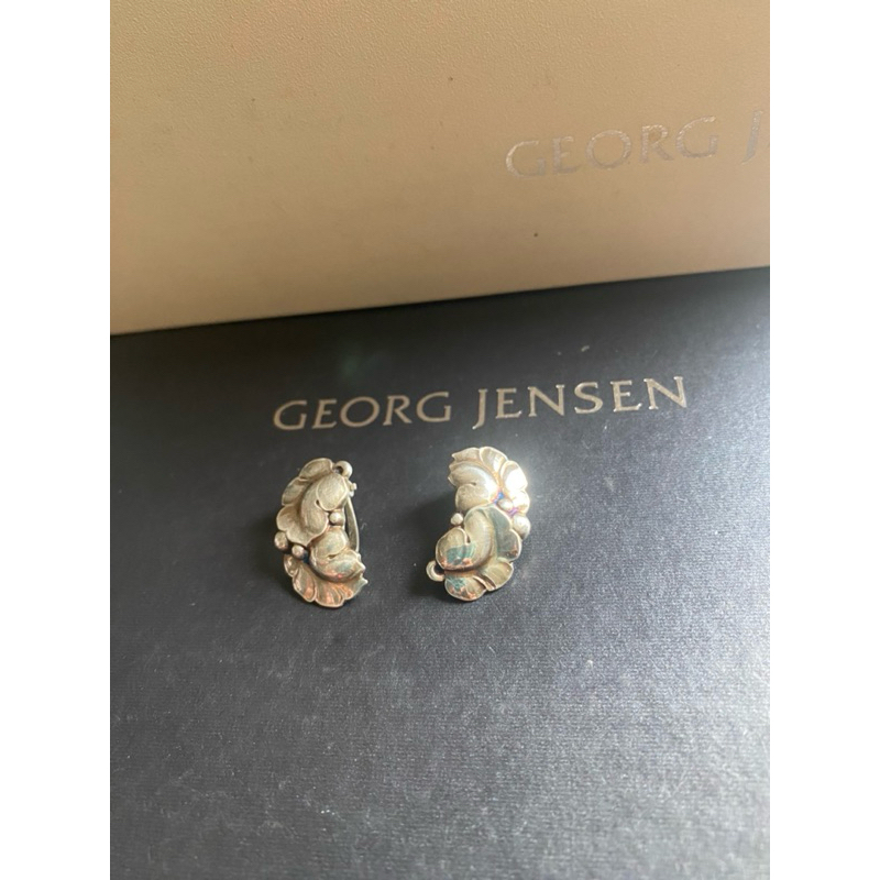 Georg Jensen喬治傑生GJ#50A 丹麥製 絕版 葡萄雙葉夾式耳環