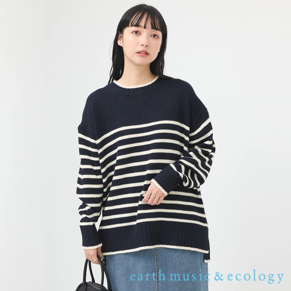 earth music&amp;ecology 橫條紋/素面定番可機洗側開衩針織衫(1L37L2C0300)