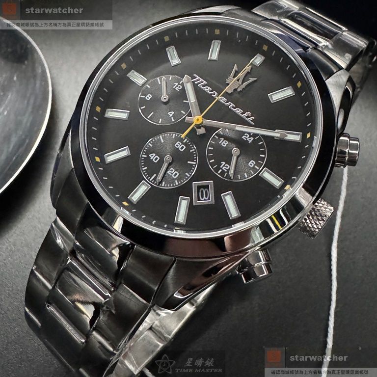 MASERATI手錶,編號R8853151010,42mm銀圓形精鋼錶殼,黑色三眼, 中三針顯示錶面,銀色精鋼錶帶款