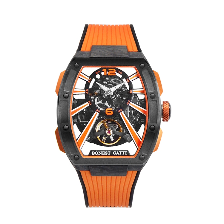 BONEST GATTI | 原廠授權布加迪 黑橘款 放射型刻度 酒桶造型 氟橡膠錶帶 自動上鍊機械腕錶