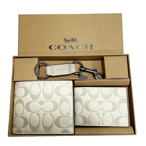 【COACH】男款8卡短夾附鑰匙圈活動證件夾禮盒(米白)