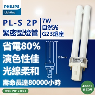 [喜萬年]飛利浦 PL-S 7W 840 4000K 冷白光 2P 緊密型燈管 檯燈 抽油煙機燈管 PL燈管 機台燈管