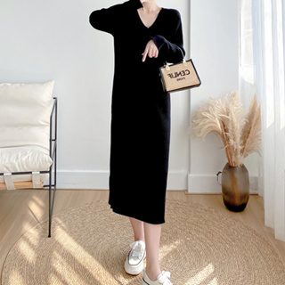 雅麗安娜 連身裙 洋裝 收腰洋裝M-XL韓版純色中長款連身裙針織V領顯瘦氣質長袖毛衣長裙MD013-3049.