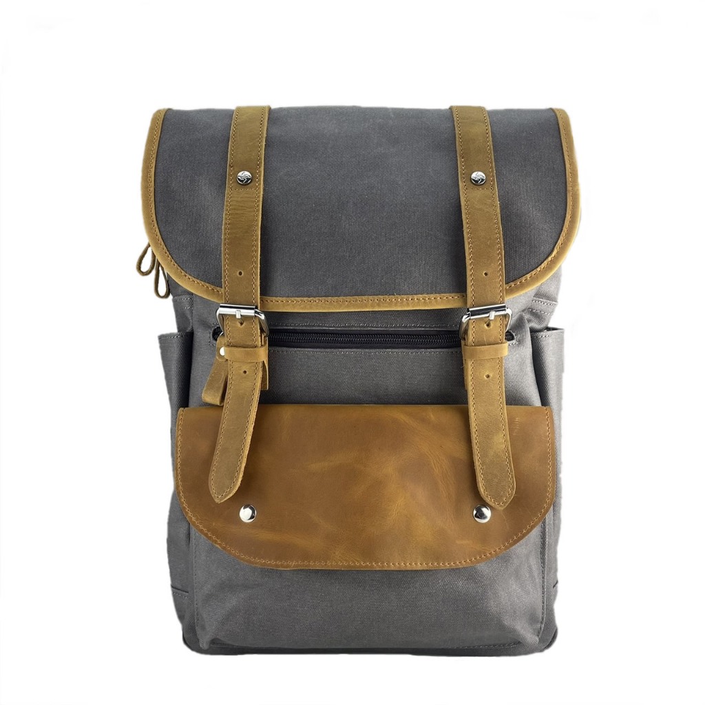 【雅格 YAGER】 過膠帆布公務牛皮個性後背包(15吋) 含行李箱拉桿袋 灰色/啡色 K1465