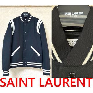 BLACK極新HEDI主設計YSL x SLP小羊皮拼接Saint Laurent Paris羊毛棒球外套
