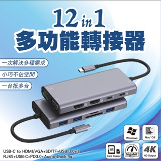 <快速出貨>12合1多功能HUB轉接器 Type-C轉HDMI/VGA/USB3.0 螢幕延伸 4K 支援筆電平板手機