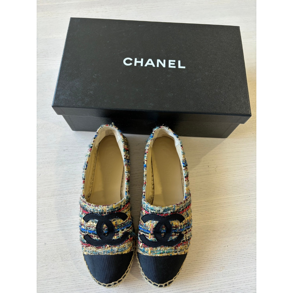 正版 Chanel 香奈兒 9成新 草編鞋 36號 穆勒鞋 平底鞋 附鞋盒