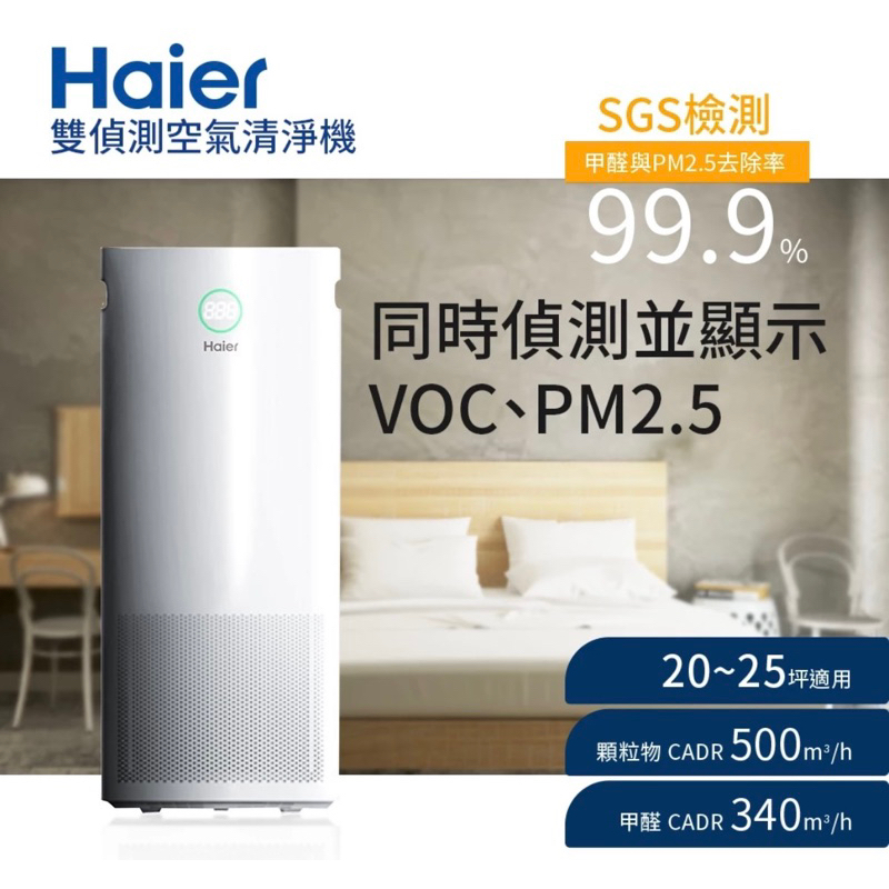 【海爾 Haier】 20-25坪 PM2.5 VOC雙偵測空氣清淨機 AP500(PM2.5/除甲醛)