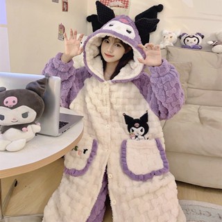 【2024冬季新款💥】庫洛米珊瑚絨睡袍 居家服睡衣 秋冬季睡袍女 法蘭絨浴袍 睡衣加厚 家居服女 浴袍 連帽長袍+褲子