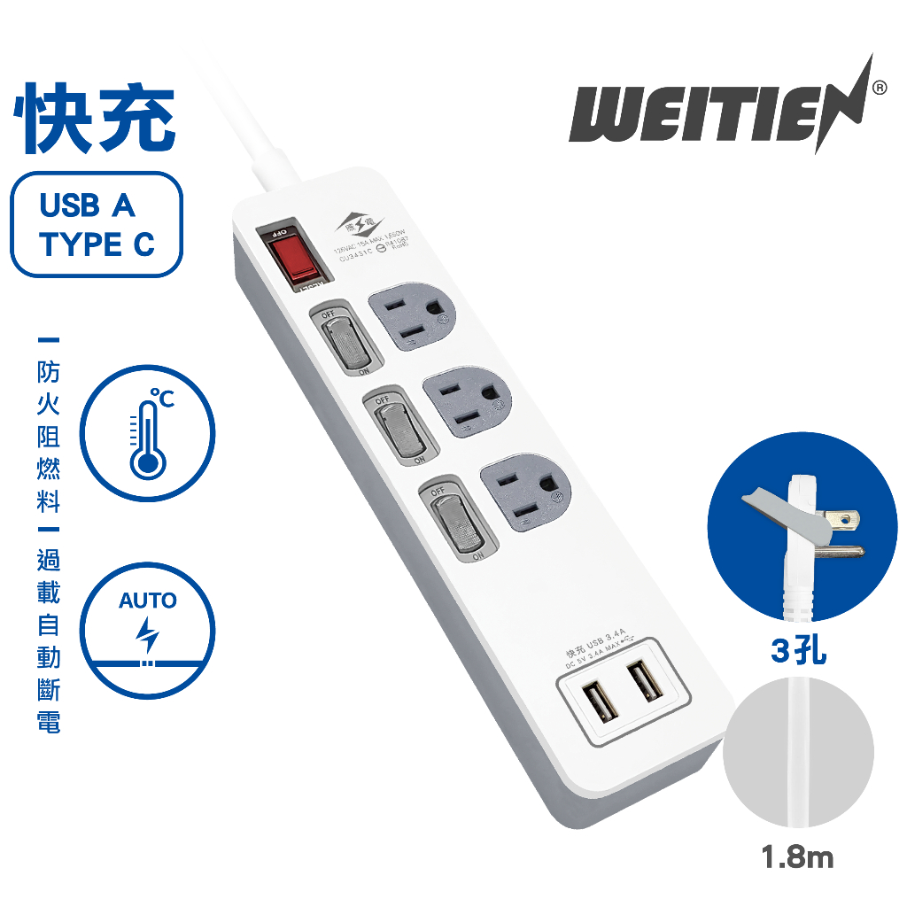 【威電】3.4A 雙USB智慧閃充4開3座電源延長線(4-6尺)  快充延長線 USB延長線 插座延長線 CU3431