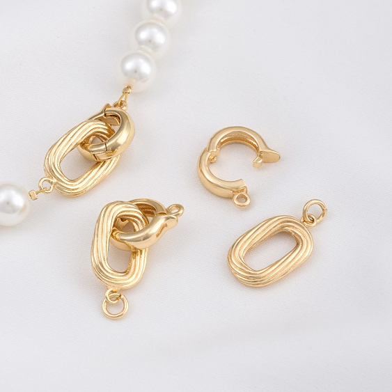 宏雲Hongyun-Al- 定製 14K包金保色菱格紋橢圓雙環珍珠扣麻花紋雙圈扣子項鍊飾品連接扣