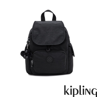 Kipling『猴子包』曜岩黑品牌經典圓標拉鍊掀蓋後背包-CITY PACK MINI