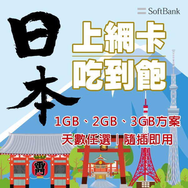 🇯🇵日本上網每天1GB、2GB、3GB【Softbank】SIM卡 吃到飽 天數1~6天任選、隨插即用