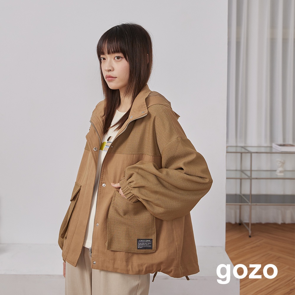 【gozo】工裝風拼色抽繩連帽外套 (咖啡/淺卡其_F) | 女裝 圓領 休閒