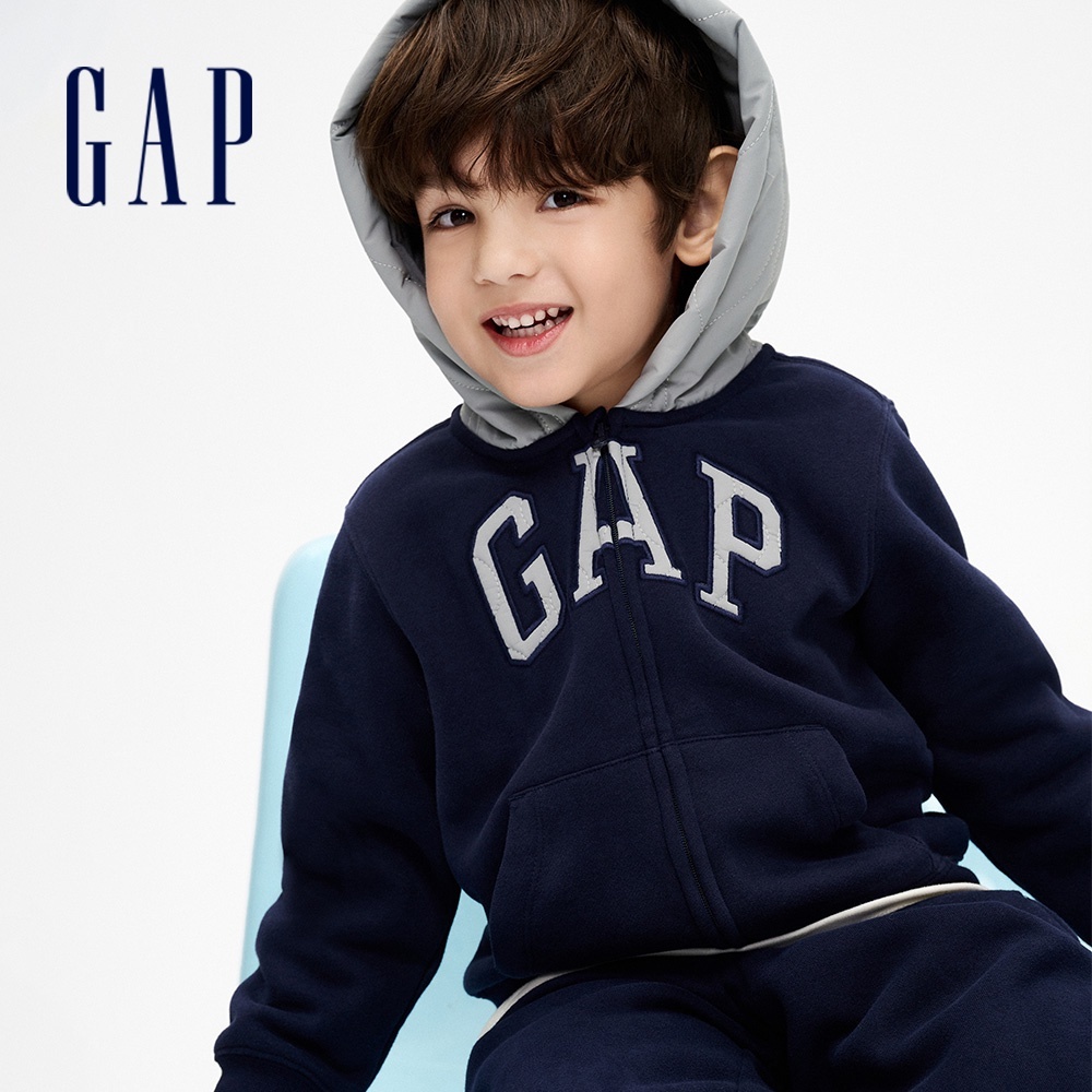Gap 男幼童裝 Logo刷毛連帽外套 碳素軟磨系列-海軍藍(836908)