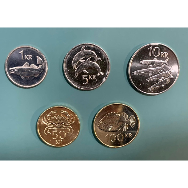 全新UNC冰島克朗動物圖案錢幣一套5枚（1-100）