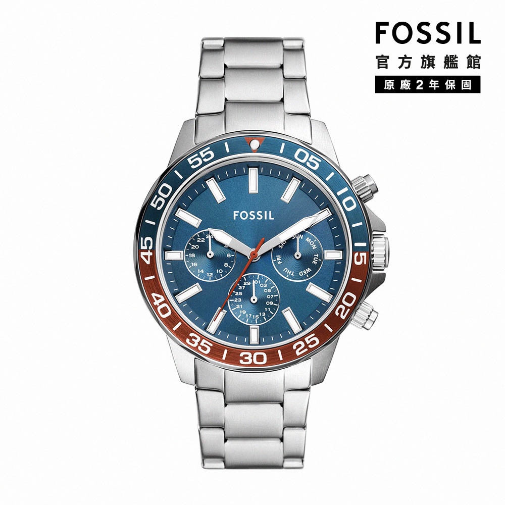 【FOSSIL 官方旗艦館】Bannon 碧藍撞色三眼手錶 銀色不鏽鋼錶帶 45MM BQ2842