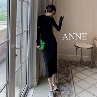 ANNE｜復古合身長袖連身裙【AD10117】連身裙 長袖連身裙 連身洋裝 長袖洋裝 洋裝 圓領洋裝 薄洋裝 針織洋裝