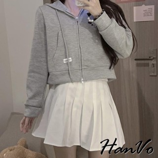 【HanVo】雙拉頭小標籤短版連帽外套 簡約素面親膚柔軟 韓系女裝 女生衣著 A07-4508