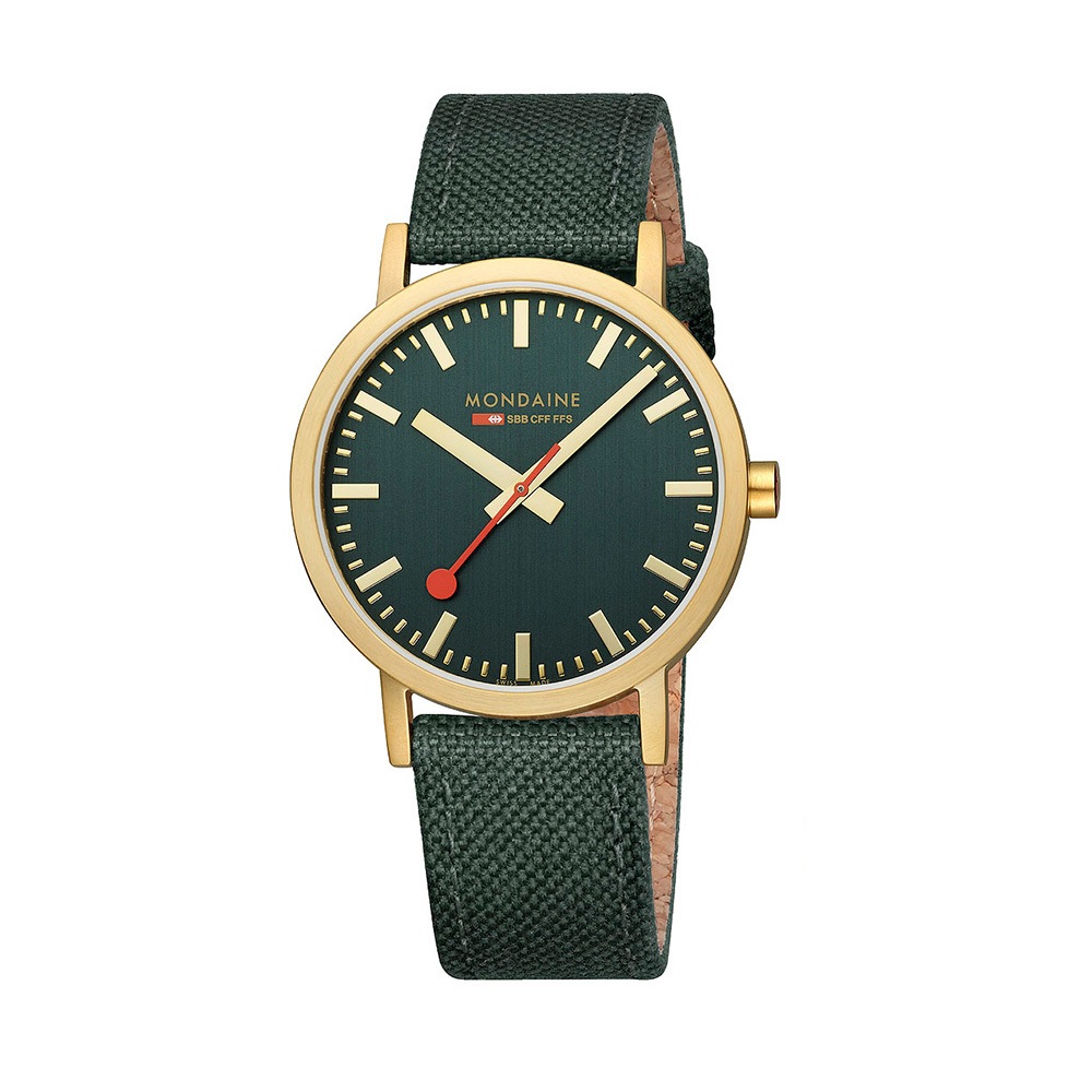 Mondaine 瑞士國鐵 Classic 平面經典金框紡織帶腕錶 森林綠 / 660060BS / 40mm