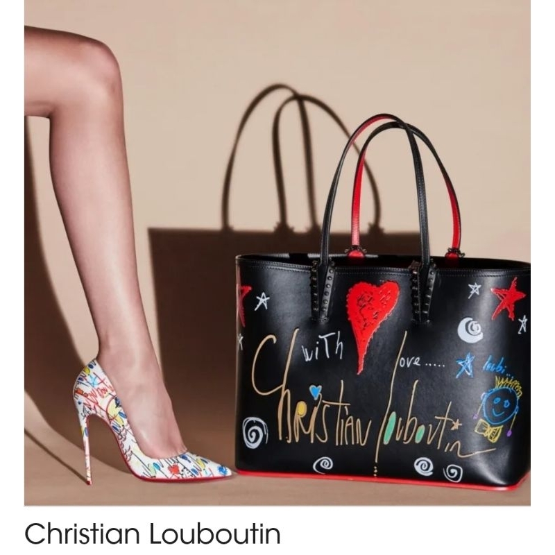 christian louboutin 紅底鞋 黑色塗鴉托特包 大 內含一收納包