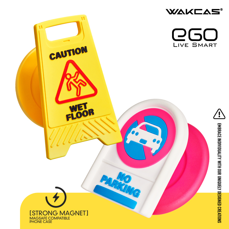 【Wakcas】小心地滑 / 禁止停車 磁吸手機支架 磁吸支架 氣囊支架 伸縮支架 造型支架 警示牌系列 有趣 惡搞