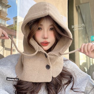🎯2024新款冬季洋氣保暖加厚 毛線帽 毛線針織 抽繩帽套頭複古加厚 針織毛帽 圍巾 圍脖
