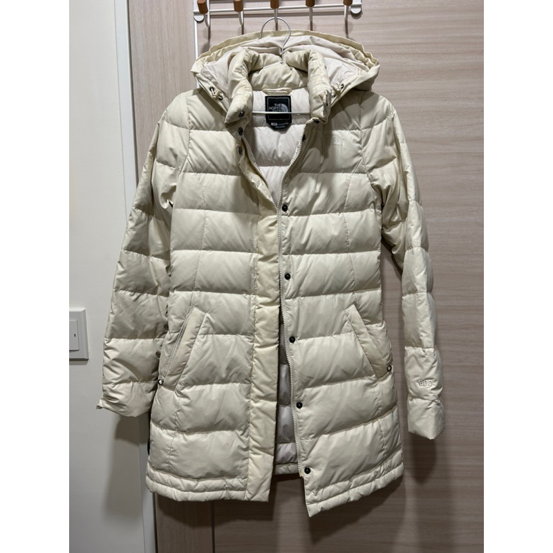 二手 北臉 The North Face 冬季 女版 長版 羽絨 連帽 保暖 外套 米白色 米色 白色 S號