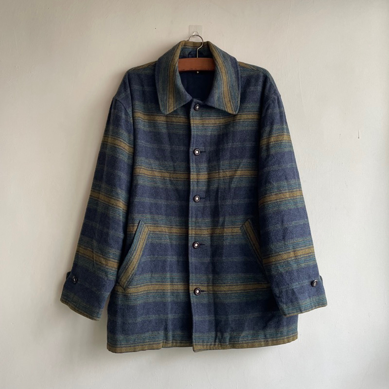 古著 vintage | ZOLO | 復古 混色 羊毛 毛料 藍綠 藍色 迷幻感 條紋 長袖 大衣 外套 市集購入