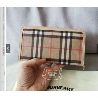 二手 BURBERRY Vintage 格紋帆布錢包 80217291 巴寶莉長夾 拉鏈帆布錢包 米色皮夾