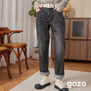 【gozo】立體車線刷白小男友牛仔褲(黑色_S/M/L) | 牛仔 修身 休閒
