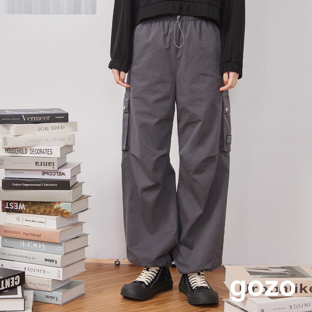 【gozo】率性抽繩大口袋工裝褲(深灰/綠色_M/L) | 女裝 修身 休閒