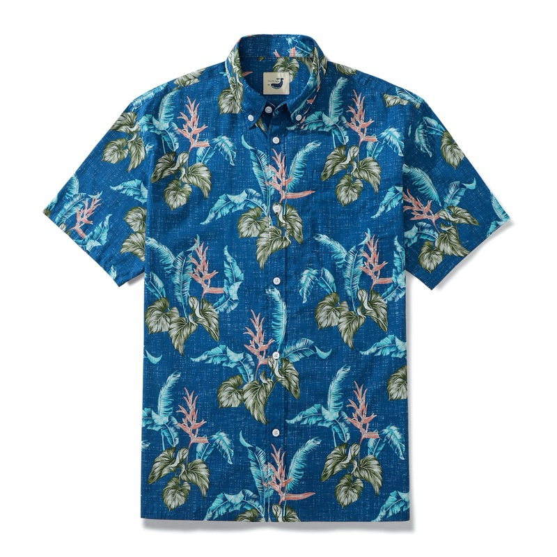 夏威夷 海灘風 純棉花襯衫～深藍色蕉葉芋頭葉手繪花卉