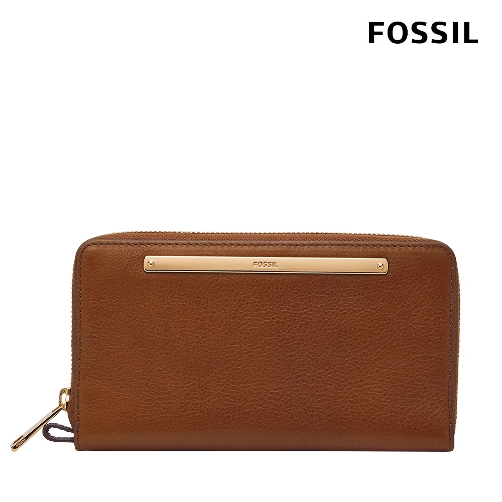 【FOSSIL 官方旗艦館】Liza 真皮拉鍊式長夾-咖啡色X金飾片 SL7878G200