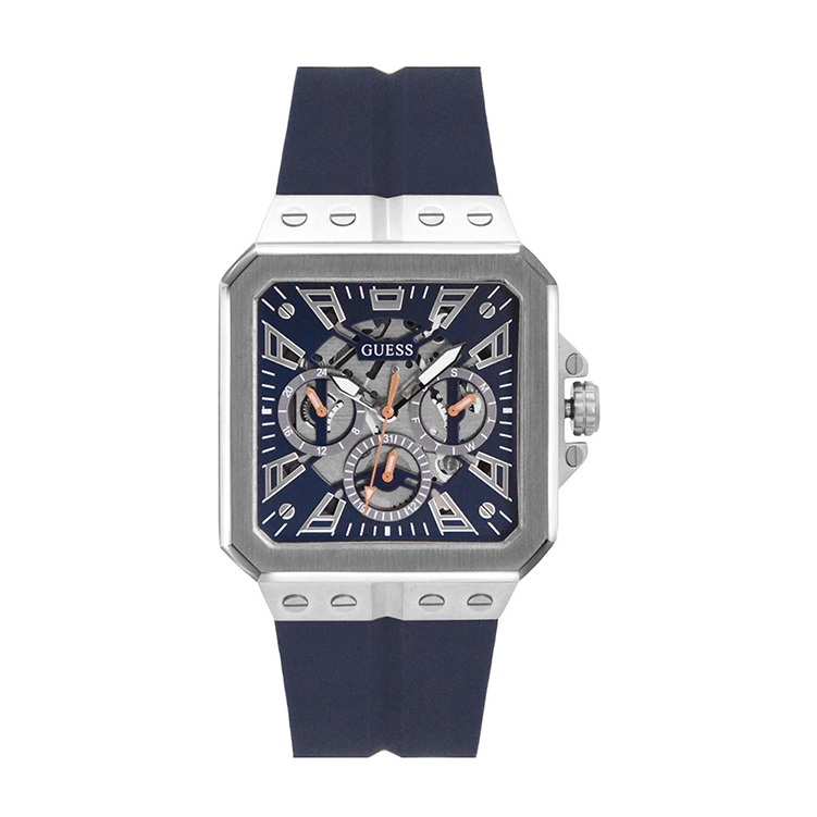 GUESS原廠平輸手錶 | 三眼日期顯示 方形錶 鏤空錶盤 銀x藍 矽膠錶帶 GW0637G1