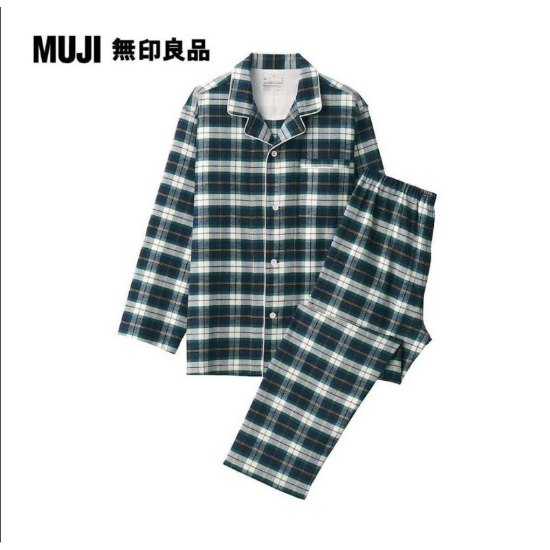 MUJI 無印良品 男無側縫法蘭絨家居睡衣 深綠格紋 S