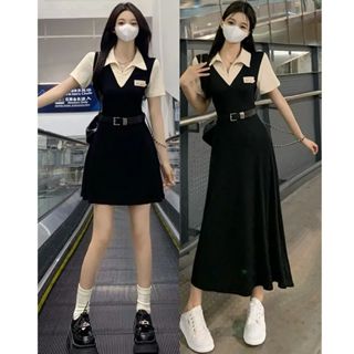 【現*貨】佰分佰/100kg內可穿/大尺碼/夏天洋裝/長洋裝/法式/假兩件/短袖/收腰/顯瘦/學院風/連衣裙/女生洋裝