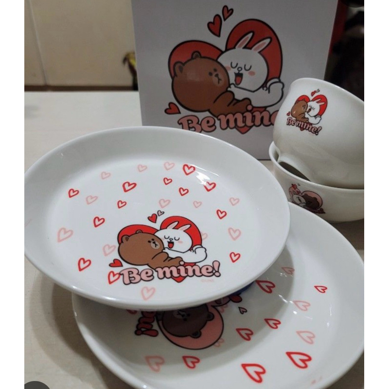 Line Friend 粉漾陶瓷雙碗盤組/熊大與兔兔
