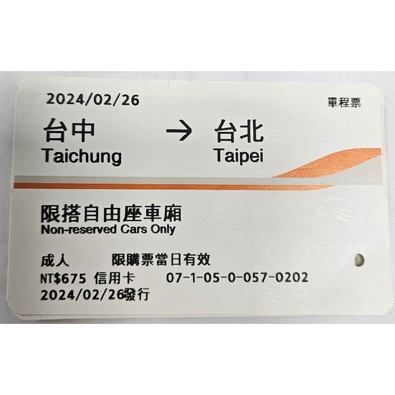 高鐵票根 高鐵車票 紀念用 南港 台北 台中 2024 1月 2月
