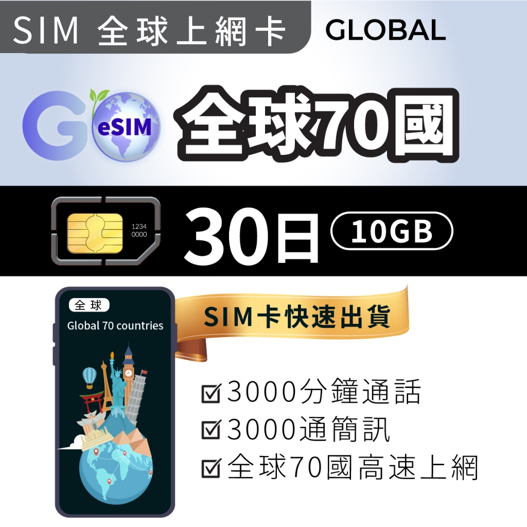 出國上網 GO sim 上網卡 全球70國 30日10GB SIM卡 含通話 含簡訊 亞洲 歐洲 大洋洲 美洲